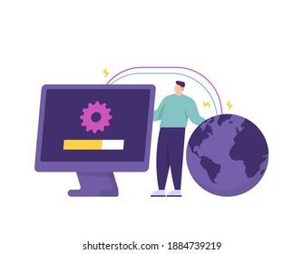 a concept of a professional IT staff, admin and server supervisor. a male employee is connecting a computer to the internet. network repair service. symbol of the earth or globe. flat style. vector