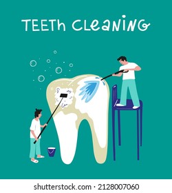 The concept of professional teeth cleaning and oral care. Hand drawn illustration. Modern vector banner design.