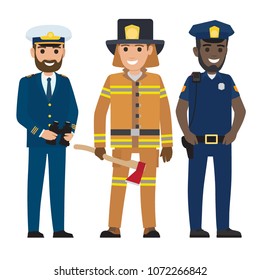 Concept of professions. Bearded captain with binoculars, firefighter with long ax and man in police suit vector illustration of smiling characters.