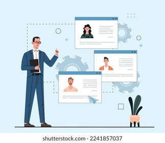 Concepto de elaboración de perfiles. El hombre ordena a los empleados y los evalúa. Trabajar con información y datos personales. Un psicólogo experimentado determina el tipo de personalidad. Dibujo vectorial plano de dibujos animados