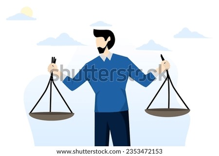 concept of profit and loss comparison, integrity or honest truth, pros and cons or measurement, judgment or ethics, decision or balance, businessman comparing scales to be equal, fair measurement.