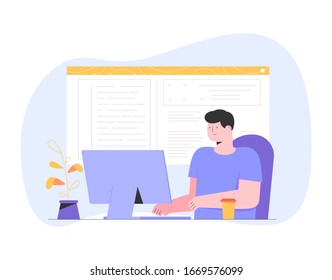 Concept with programmer or coder sitting at desk and working on computer. Software development illustration of web developer