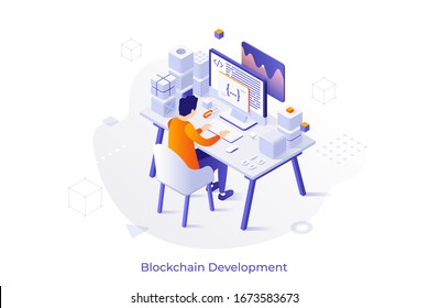 Concept with programmer or coder sitting at desk and working on computer. Blockchain and cryptocurrency mining software development. Modern isometric vector illustration for web banner.