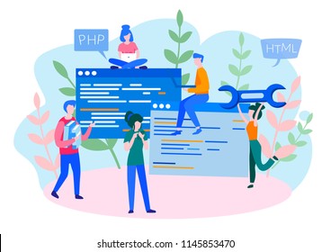 Concept Programmer, Coding, programming, website and application development . Vector illustration, application development, Software API prototyping and testing, interface building process, start up