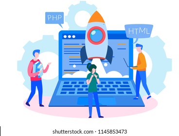 Concept Programmer, Coding, programming, website and application development . Vector illustration, application development, Software API prototyping and testing, interface building process, start up