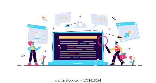 Concept Programmer, Coding, programming, website and application development . Vector illustration, application development, Software API prototyping and testing, interface building process, start up