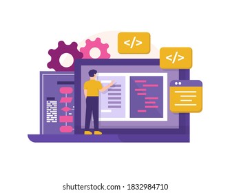 concept of programmer, full stack developer, front and back end. illustration of man making flowcharts and programs on a laptop. development division. activities of people. flat style. design elements