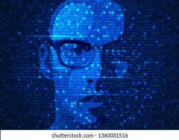 concept of programmer or hacker in cyberspace, a man’s face with programming code background