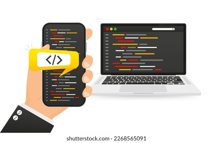 Concept of programming coding application development with virtual screens of laptop and phone. Code programming, programming language. SEO. Search engine. Vector illustration