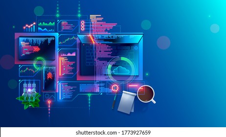 Concept Of Programming, Coding Computer Software. Program Development  Technology. Learning Create Web Applications Of Mobile Devices. Code Smartphone App Or Tablet. Top View On Desk Of Programmer.