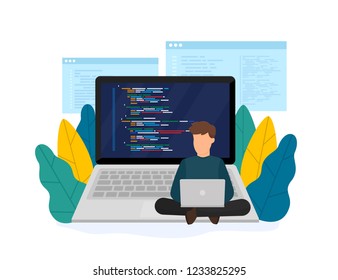 Concept programming, coding. Website and application development. Vector modern illustration isolated on white background. Flat design. EPS 10.