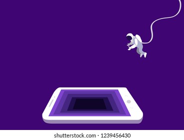 concept of programming and development of mobile applications. Astronaut in space looking deep into the gadget