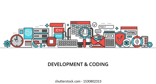 Concept of programming, development software and coding process, modern flat editable line design vector illustration for graphic and web design