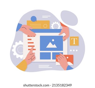 Concept of programming. Employees develop design for website, interface and user experience. Page optimization for promotion on Internet, coworking and teamwork. Cartoon flat vector illustration