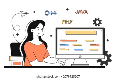 Concept of programming. Girl sits at computer and writes code. Freelancer or office worker. Character developing application or creating website for company. Cartoon flat vector illustration