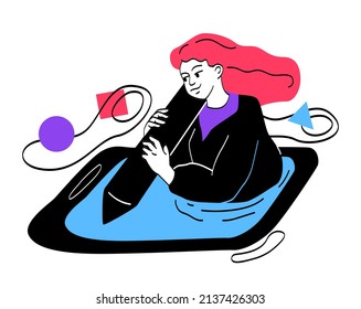 Concept of programming. Girl with special pen draws on tablet. Modern technologies. Designer and interface development for website or application. Woman writing code. Cartoon flat vector illustration