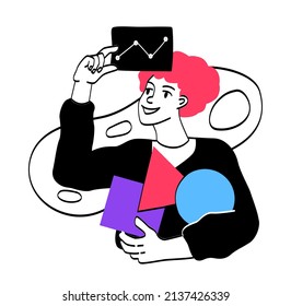 Concept of programming. Guy deciphers information, tivorr personality. Young man thinking about interface for his program. Person checking code, finding errors. Cartoon flat vector illustration