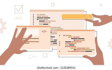 Concept of programming. Hands moving windows in browser, website optimization and coding. Freelancers fix bugs. Teamwork and colleagues. Software development. Cartoon flat vector illustration