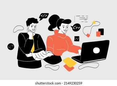 Concept of programming. Man and girl correcting code behind laptop, colleagues and employees. Modern technologies and digital world, website or app development. Cartoon flat vector illustration