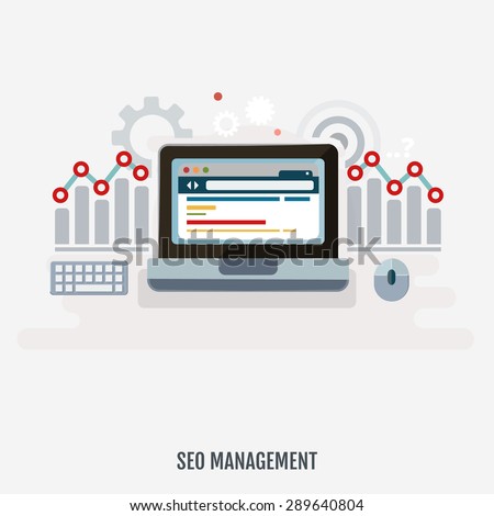 Concept of programming process, Seo management and website search optimization. Flat design. Vector Illustration.