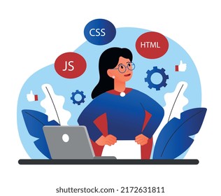 Concept of programming skills. Woman in superhero cape stands near laptop, character knows many programming languages. Application, software development and coding. Cartoon flat vector illustration