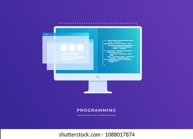 Concept of programming and software. Monitor with program code on screen and open web pages. Vector flat illustration for web page, banner, presentation.