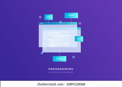 Concepto de programación y software. Abrir páginas web con lenguajes de programación y codificación en fondo azul. Ilustración plana vectorial para página web, banner, presentación.