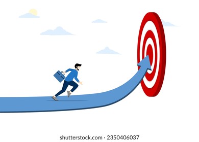 concept of progress towards goal or achievement of business targets, motivation to achieve success, career advancement, ambitious businessman walking on growth arrow path towards bullseye goal.