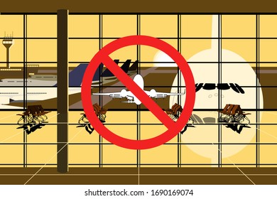 
Concept of the prohibition of flights. Empty chairs in the departure hall at airport and Flights ban symbol. Vector illustration.