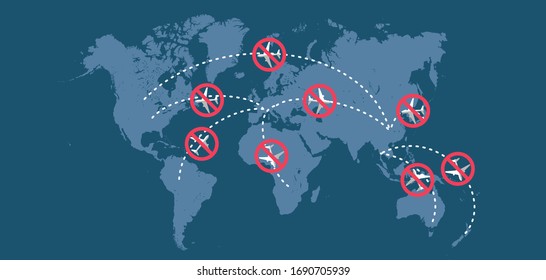 Concept of the prohibition of flights. Stop airplanes flights on world map backgrounders. vector illustration