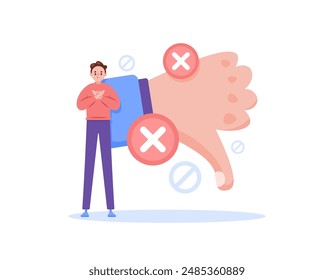 concept of prohibition and rejection. boycotted, banned and blocked. illustration of a man with a crossed arms gesture, a prohibition symbol, thumbs down. flat style design. graphic elements