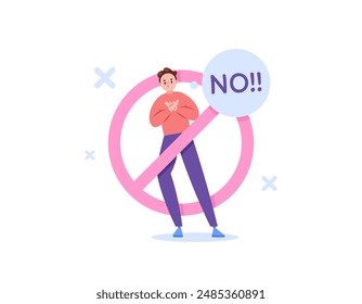 concept of prohibition and rejection. say no. boycotted, banned and blocked. illustration of a man with a crossed arms gesture and a prohibition symbol. flat style design. graphic elements