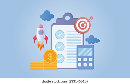 El concepto de cierre del proyecto, gestión del ciclo de vida del proyecto.sobre fondo azul.Ilustración de diseño del vector.