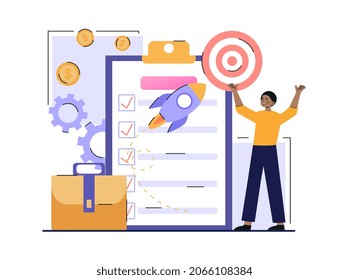 Concept of project closure. Man happy that he completed all tasks from list. Goal setting, achievement of bizarre results, efficiency. Time planning, business. Cartoon flat vector illustration