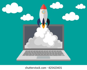 concept. Project development. The Flat illustration with spaceship and laptop