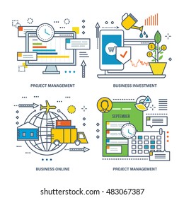 Concept of project management, business investment, online business. Color Line icons collection.