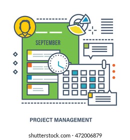 Concept of project management - schedule with the tasks and planning for each day. Color Line icons. Flat Vector illustration