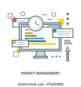 Concept of project management - schedule with the tasks and planning for each day. Color Line icons. Flat Vector illustration