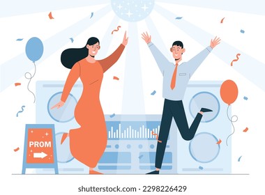 Concept of prom. Man and woman dancing in disco with speakers and confetti. Entertainment and recreation, characters celebrate. Schoolchildren and teenagers, students. Cartoon flat vector illustration