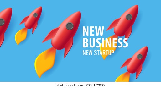 Concept for promo banner for statr up or new business launch with 3d rockets render style illustration flying up
