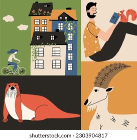 The concept of promoting biodiversity, rewilding. Conservation of wildlife in the city. Vector illustration