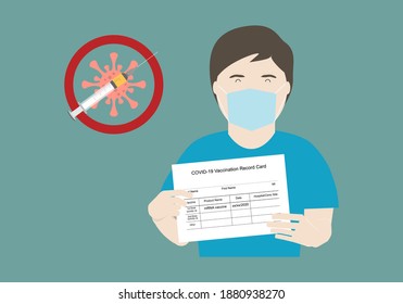 Concept Of Promoting Vaccination For Coronavirus Pandemic. Illustration Of Young Male Adult Holding Vaccination Record Card.