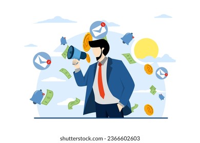 Concept of promotion, email marketing, pr, email campaign. Man shouting in megaphone. Business characters are announced with loudspeakers. Direct marketing. Flat vector illustration for web banner.