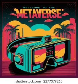 Concept Promotion layout VR Virtual or augmented Reality Vector Illustration for banner landing page or poster. Metaverse retro style