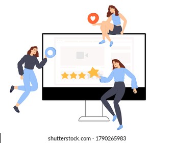 The concept of promotion in social networks. Audience feedback on content. Young girls like, rate and comment. Vector illustration in flat style