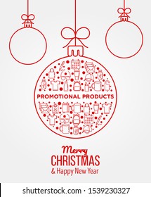 Concept with promotional products in Christmas ball with thin line icons:  notebook, tote bag, sunglasses, t-shirt, water bottle, pen, backpack, cup, hat. Vector illustration, print media template.