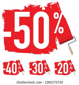 Concept of promotions and purchasing power, with a 50 percent discount label on the price of consumer products