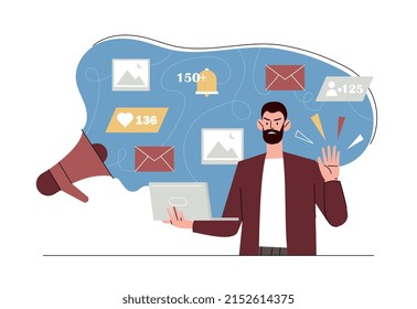 Concept of propaganda. Man with laptop reads news and denies lies. Lot of verified information, attempts to manipulate consciousness of society, social media. Cartoon flat vector illustration