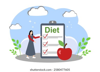 The concept of proper nutrition, diet and a healthy lifestyle. A woman stands next to a list of recommendations for proper nutrition