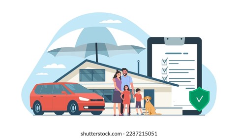 The concept of property insurance. Family with children, car and house under an umbrella. Vector illustration.